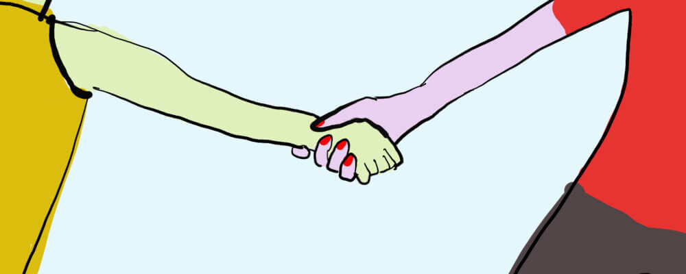 The illustration depicts two hands. One hand is leading the other by pulling it along.