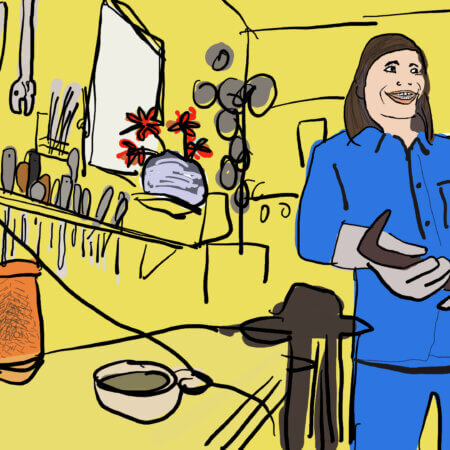 The illustration depicts a woman standing in a workshop. She is holding a tool in her hand, and is wearing welding gloves.
